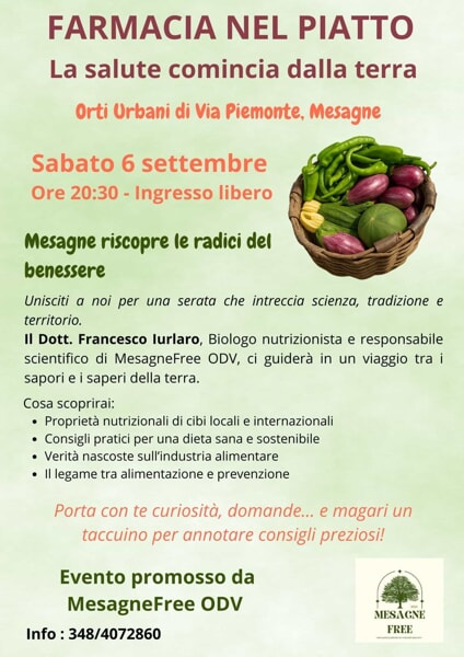 Farmacia nel piatto, evento a Mesagne 6 settembre 2025