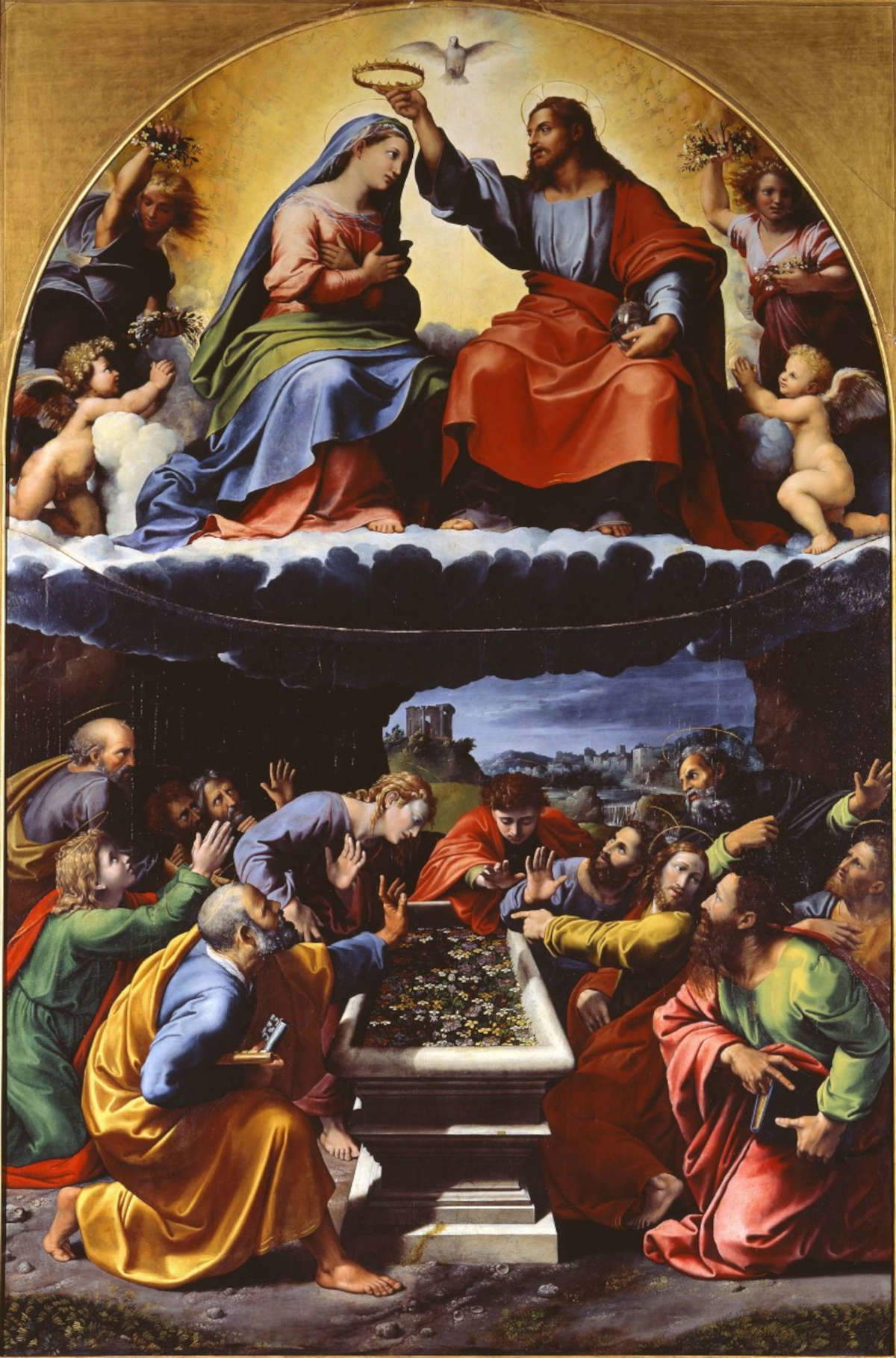 Giulio Romano e Giovanni Francesco Penni, Incoronazione della Vergine detta Madonna di Monteluce (1523-1525; olio su tavola, 354 x 232 cm; Città del Vaticano, Musei Vaticani, Pinacoteca Vaticana, inv. 40359)