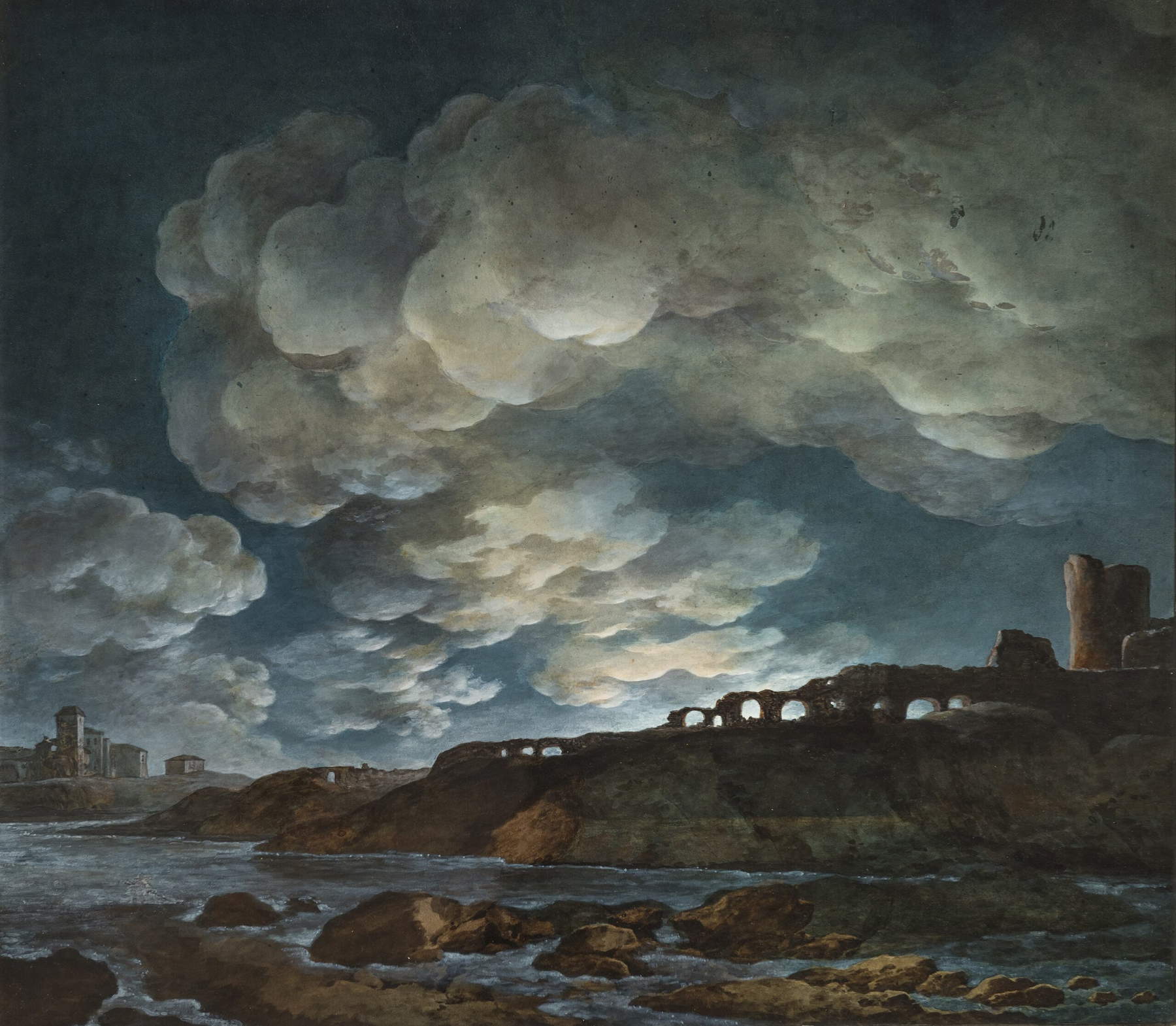 Giuseppe Pietro Bagetti, Plenilunio sul mare (primo quarto del XIX secolo; acquerello su carta incollata su cartoncino, 64,3 x 73,5 cm; Torino, Pinacoteca Albertina)