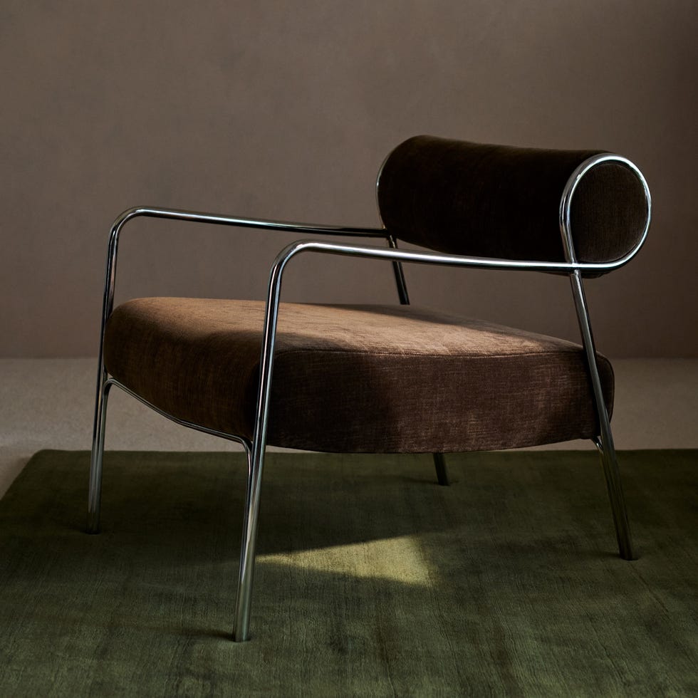 cocoa, chocolate brown armchair with chrome frame, hoxton chair by john lewiks