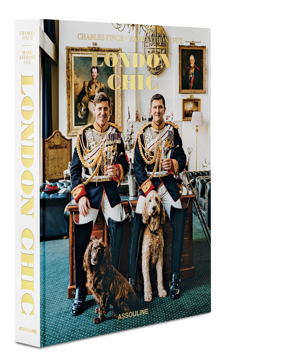 book cover titled london chic featuring two men in military attire and dogs