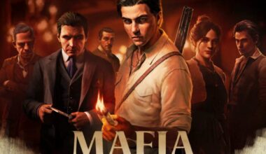 mafioso con camicia bianca di profilo, mafioso con giacca nera, donna, personaggi mafiosi su sfondo con fiamme, scritta mafia the old country