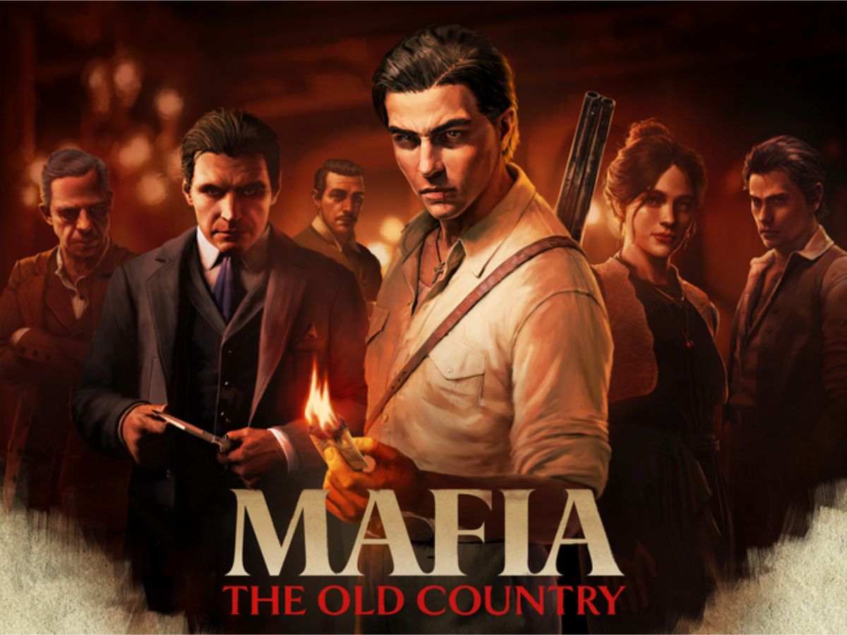 mafioso con camicia bianca di profilo, mafioso con giacca nera, donna, personaggi mafiosi su sfondo con fiamme, scritta mafia the old country