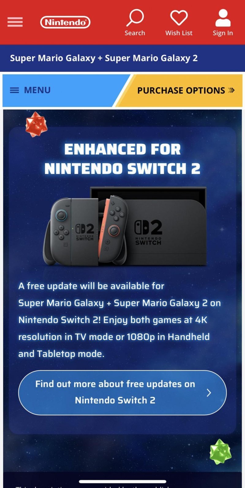 Le informazioni sull'update di Super Mario Galaxy 1+2 per Switch 2