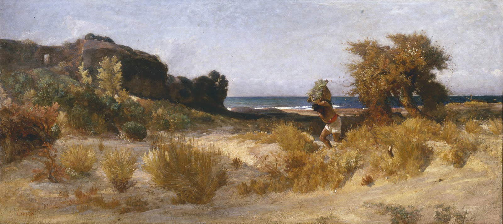 Nino Costa, Una giornata di scirocco sulle coste vicino a Roma (1852-1854; olio su tela, 87 x 195 cm; Collezione privata, in deposito presso la Galleria Moderna di Palazzo Pitti, Firenze)