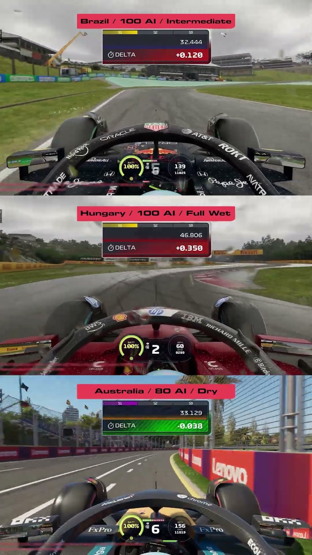 An image split into thirds, showing 3 different cockpit views of an F1 race.