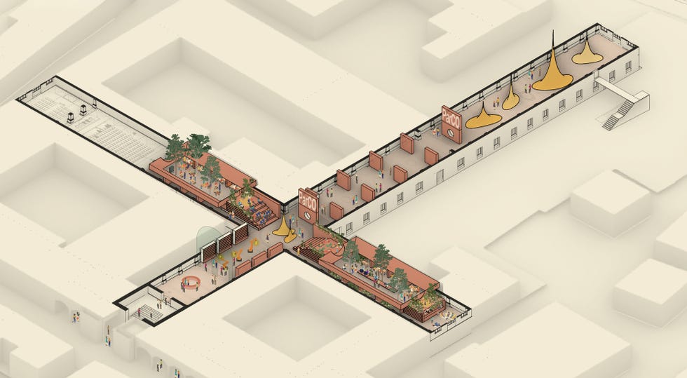 architectural layout of a public space with various areas for activity and relaxation