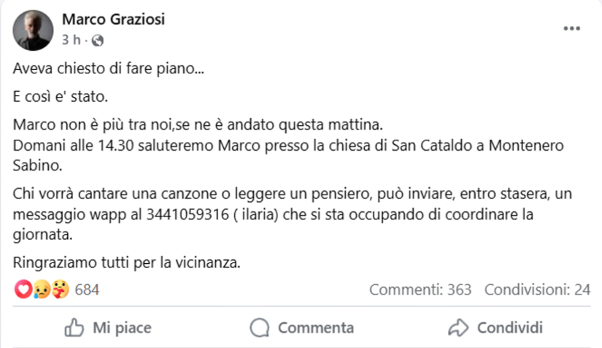 Post pagina facebook Marco Graziosi Post pagina facebook Marco Graziosi
