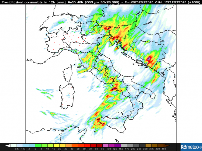 Precipitazione complessiva dalle 00 alle 12 di giovedì