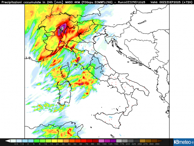Precipitazioni complessive attese per la giornata di lunedì