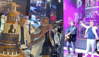 Pupo, maxi festa per i 70 anni. La torta a 4 piani, 2mila invitati, i panini al prosciutto, gli ospiti vip