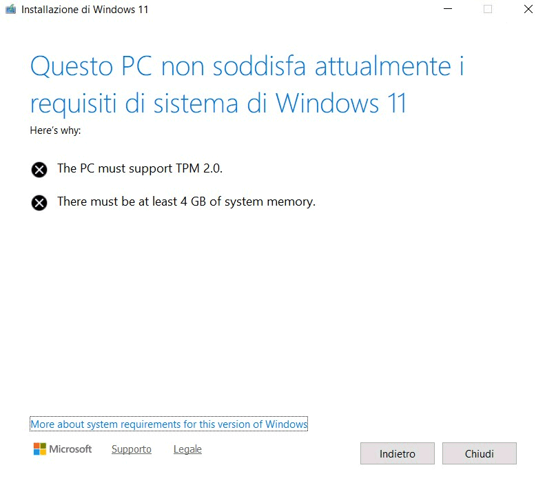 Messaggio Questo PC non soddisfa requisiti Windows 11