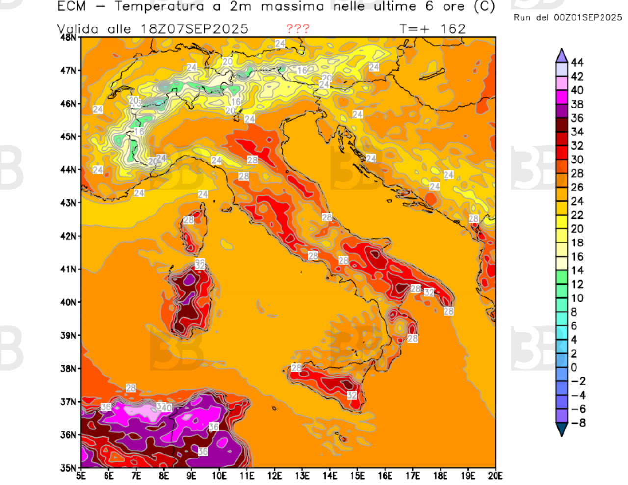 Temperature massime attese domenica (da confermare)