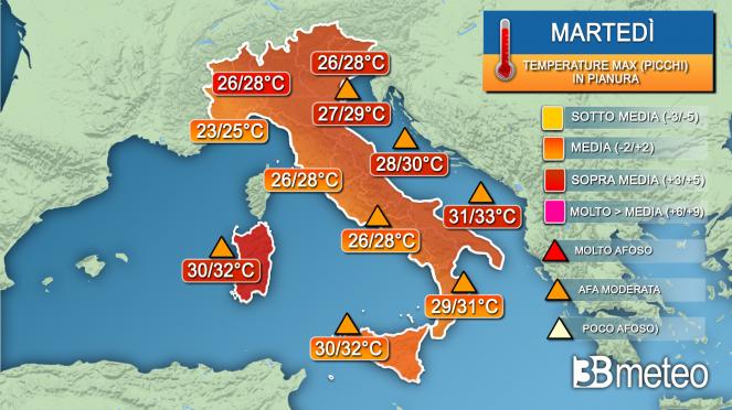 Temperature massime martedì