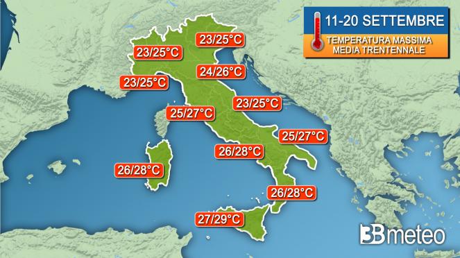 Temperature massime previste dalla media per la 2 decade di settembre