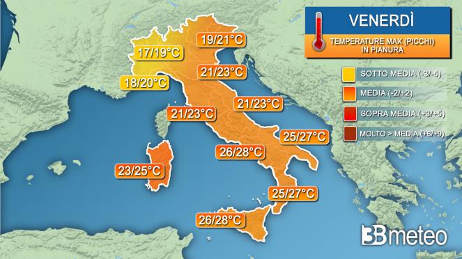 Temperature massime venerdì