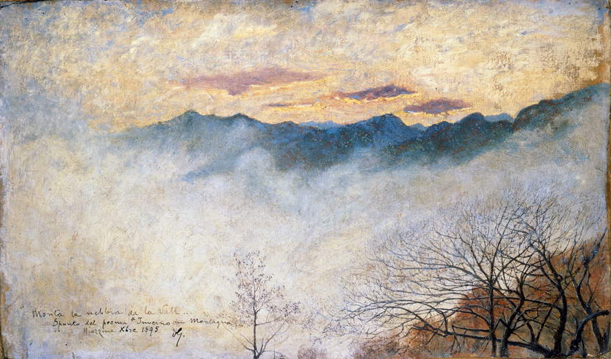 Vittore Grubicy de Dragon, Sale la nebbia dalla valle (1895; olio su cartone, 39,5 x 61,5 cm; Roma, Galleria Nazionale d’Arte Moderna e Contemporanea)