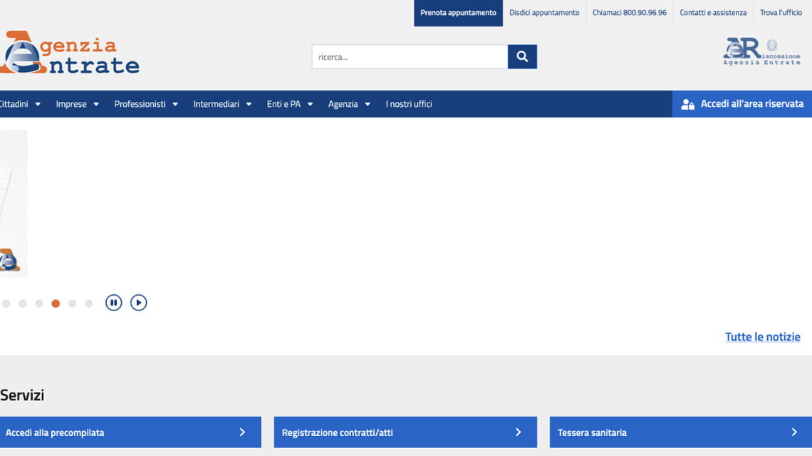 Schermata di accesso del portale delle Agenzie delle Entrate