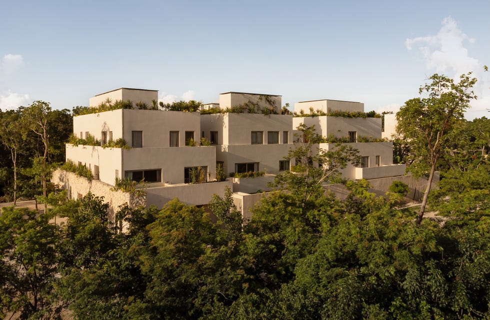 complejo residencial que se disuelve en la selva con terrazas escalonadas, muros de chukum y la estetica de la ruina reinterpretada