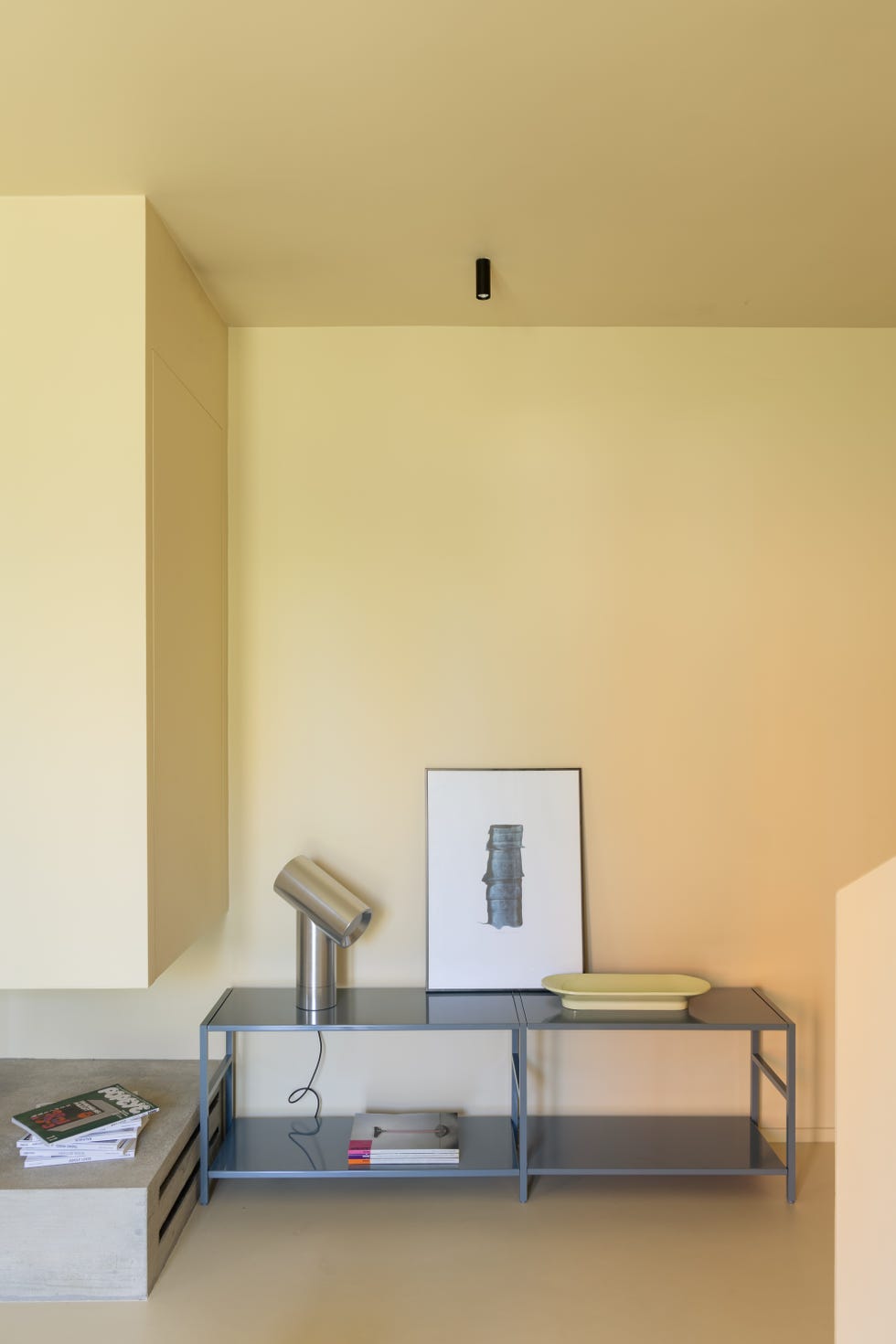 dettaglio di salotto con libreria bassa e lampada in metallo spazzolato