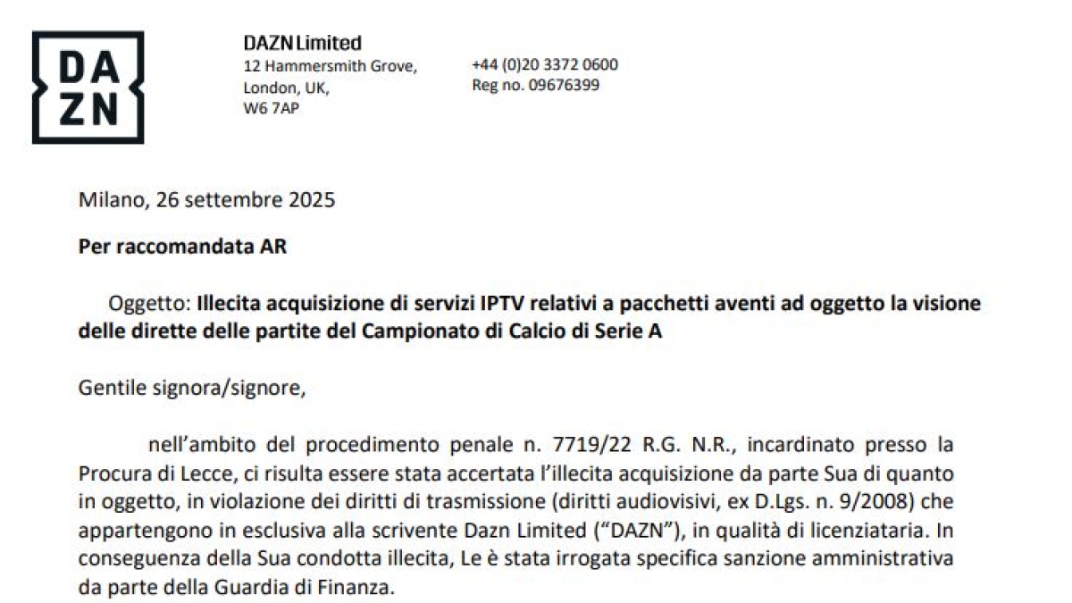 Dazn chiede i danni a 2 mila utenti pirata: «Pagate 500 euro per transare». Altrimenti fa causa
