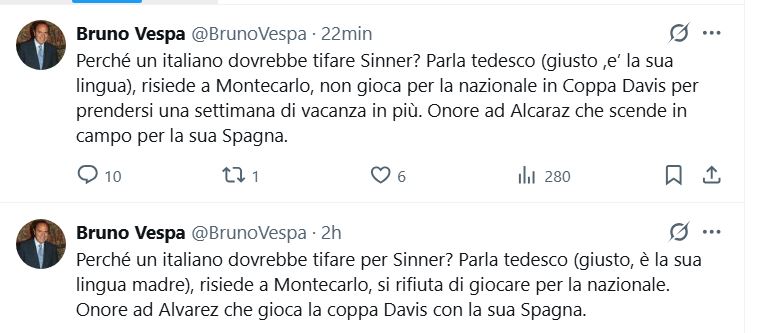 Sinner, tweet al veleno di Vespa: «Perché un italiano dovrebbe tifare per un tedesco che rifiuta la Nazionale e vive a Montecarlo?»