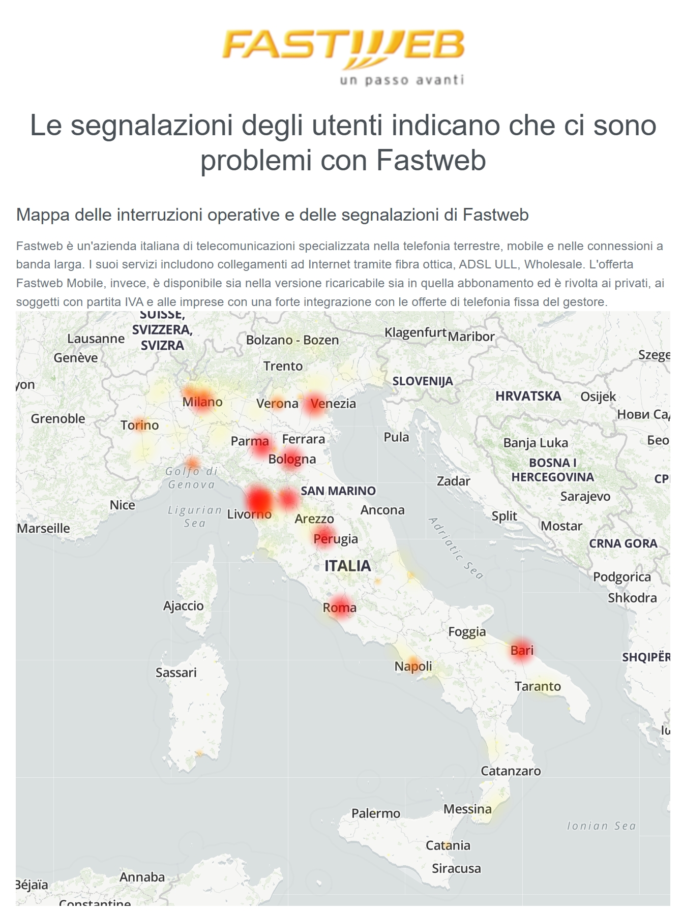 Down Fastweb, segnalati disservizi in tutta Italia