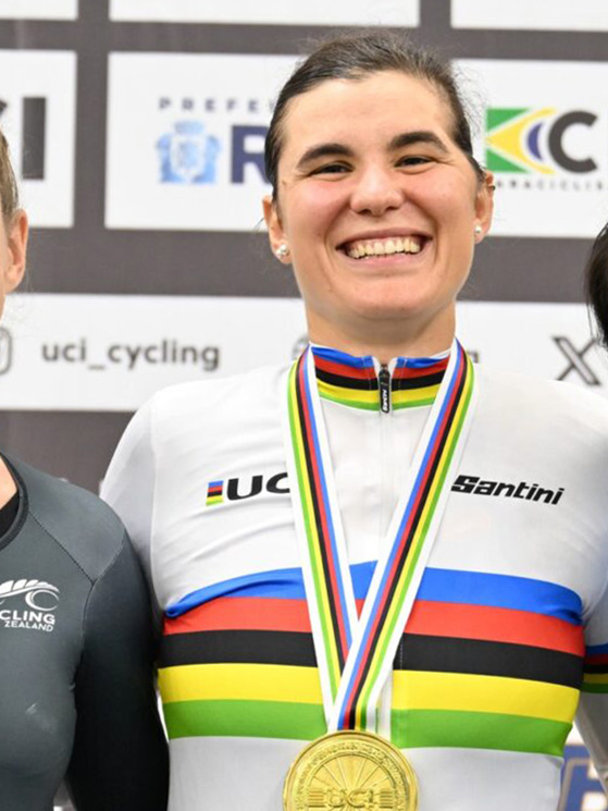 Il podio dell'eliminazione, con la Cretti fra la neozelandese Murray e la polacca Harkowska (foto UCI)