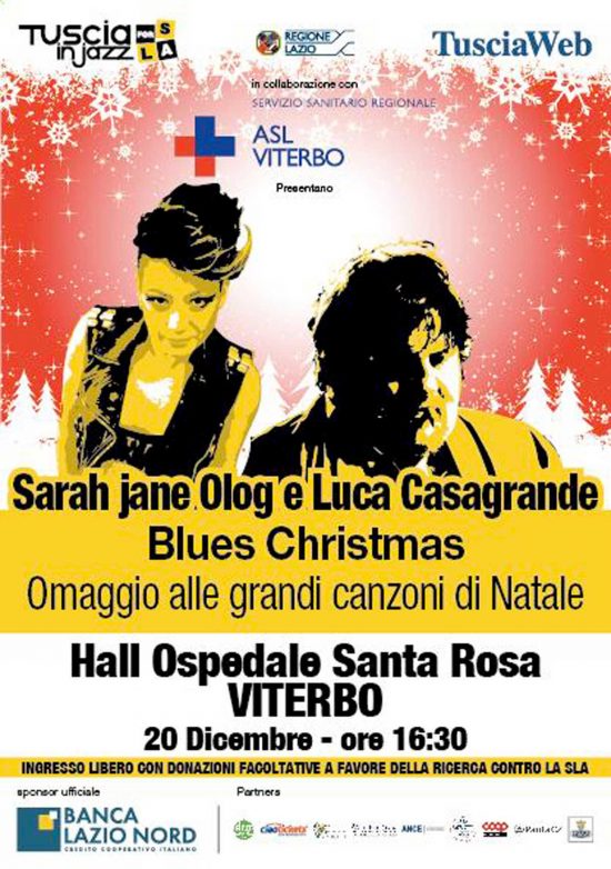 La locandina del concerto di Natale all'ospedale Santa Rosa organizzato da Tuscia in Jazz for Sla con Sarah Jane Olog e Luca Casagrande