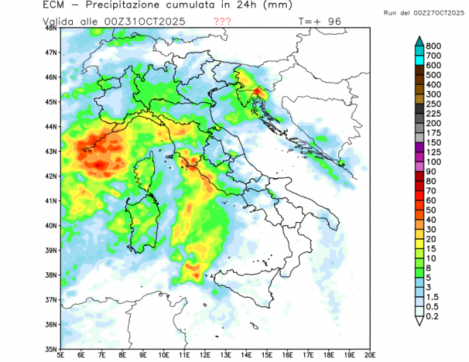 Accumuli totali previsti per giovedì