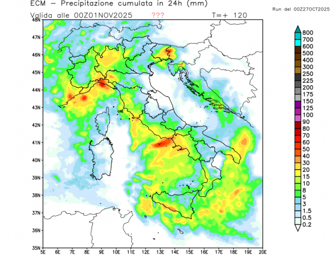 Accumuli totali previsti per venerdì