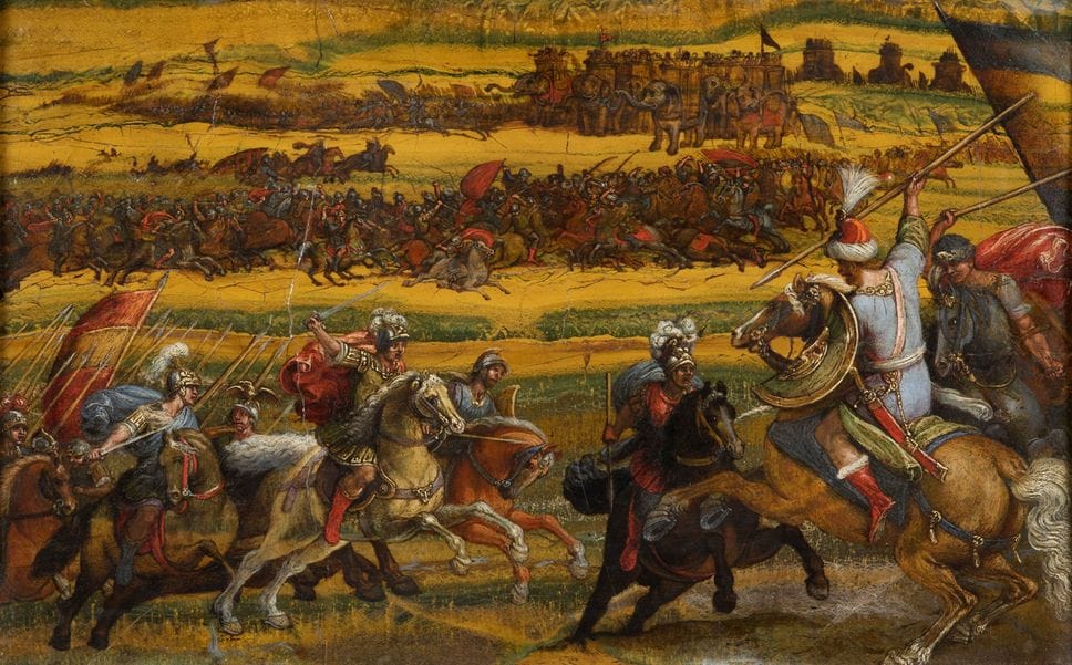 Scena di battaglia, di Antonio Tempesta 1618 ca., olio su diaspro lineato giallo e verde di Giuliana su lavagna