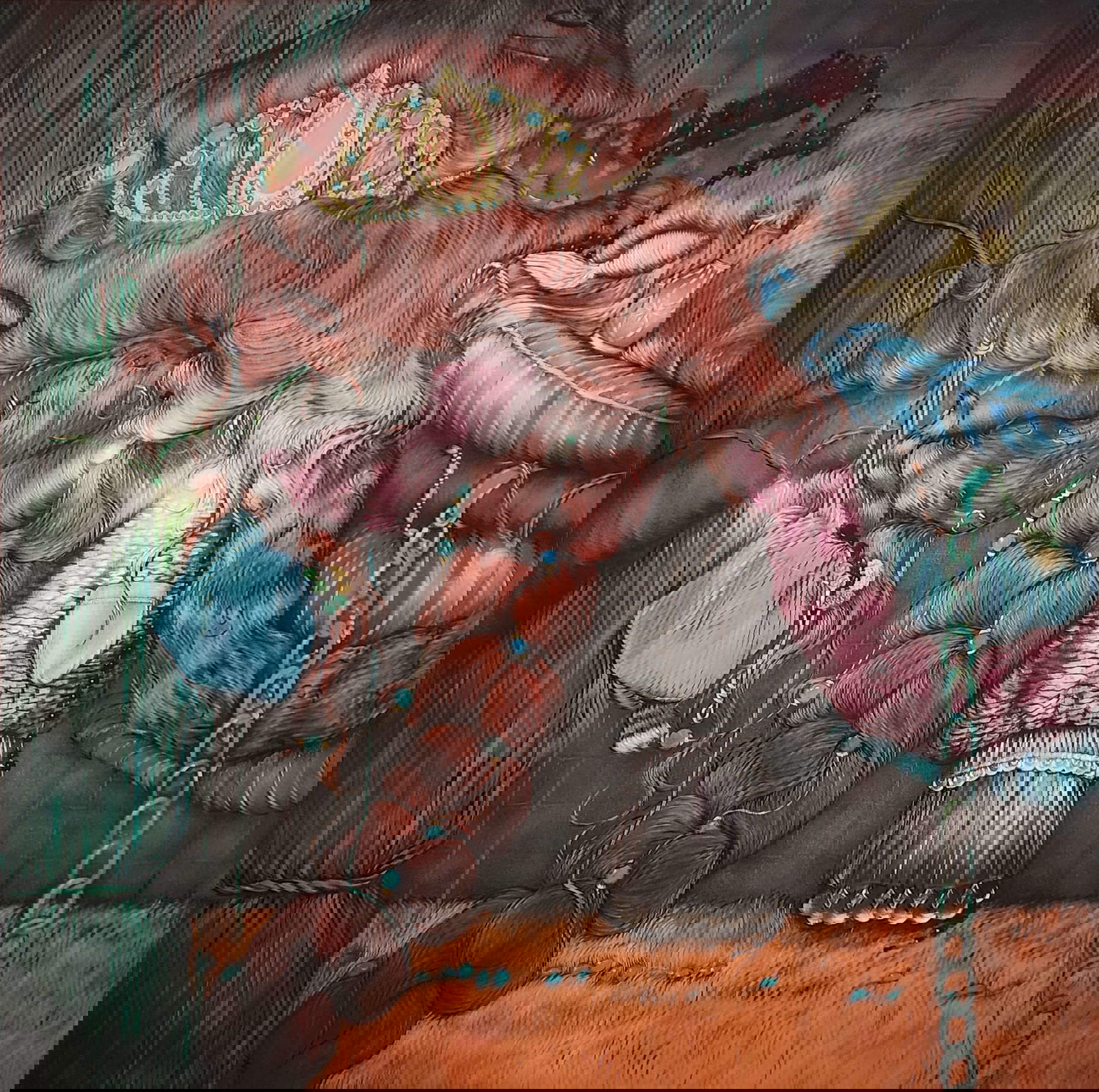 Bea Scaccia, Chiome per aria, gatti sul tappeto (2025; acrilico, spray e pittura vinilica su tela, 152,4 x 152,4 cm)