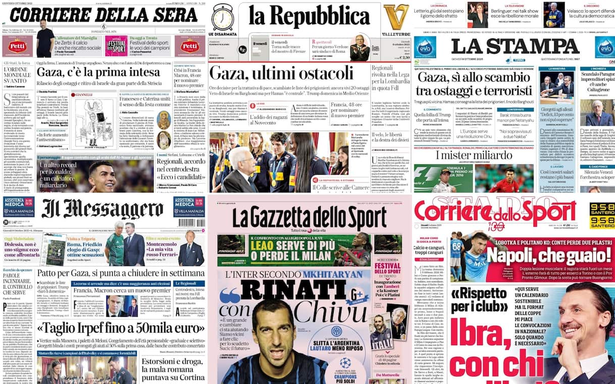 Le prime pagine dei quotidiani di oggi 9 ottobre: la rassegna stampa