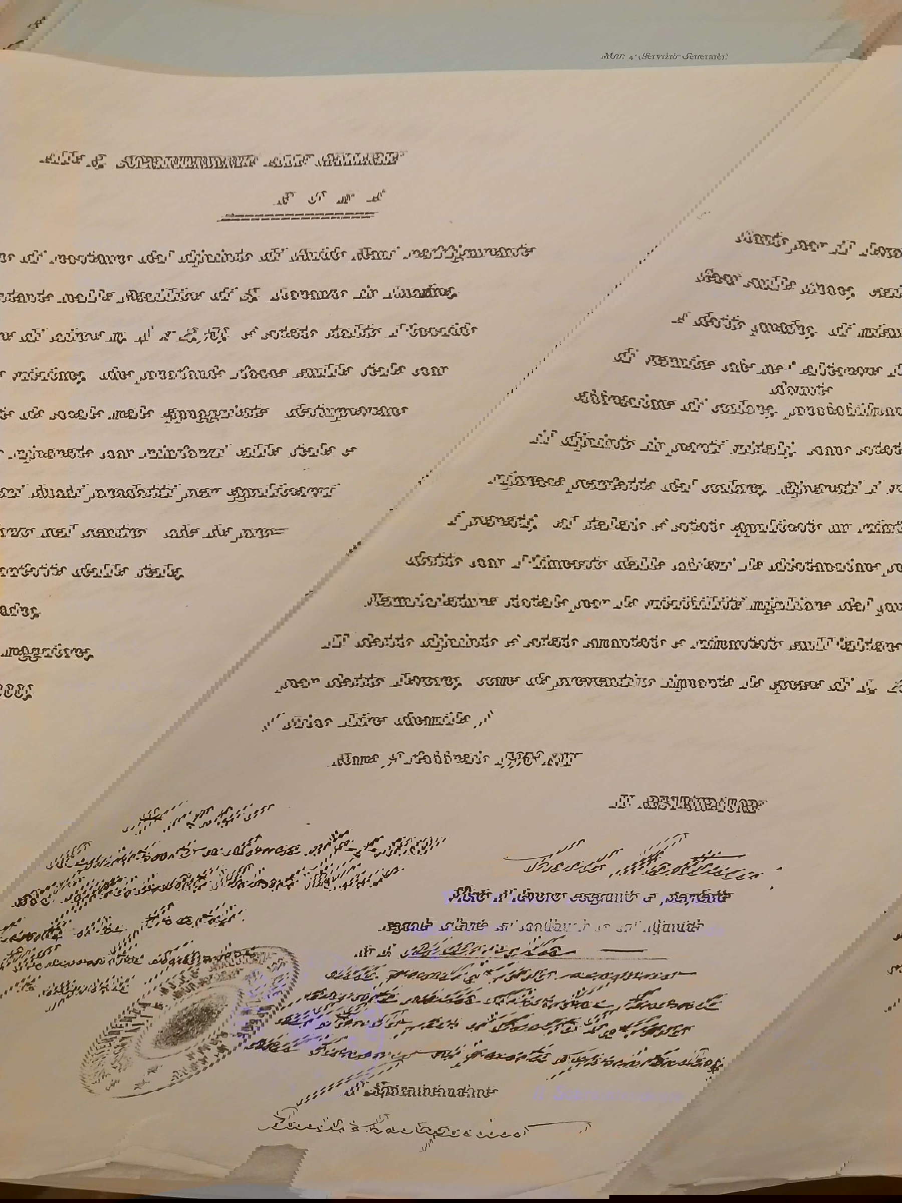 Conto per il lavoro di restauro di Carlo Matteucci (9 febbraio 1938)