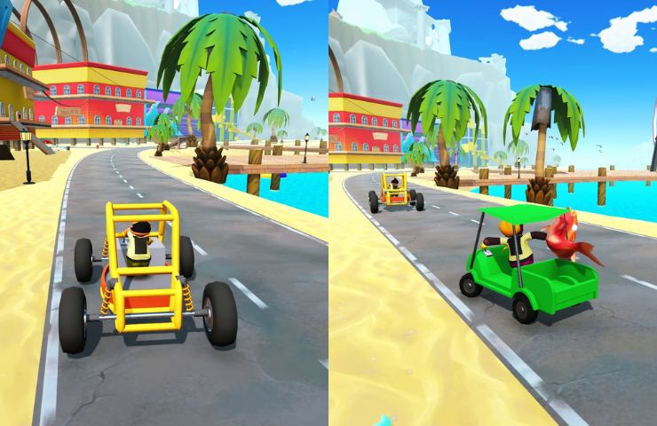 screenshot di totally reliable delivery service con schermo diviso a metà e due personaggi in macchina