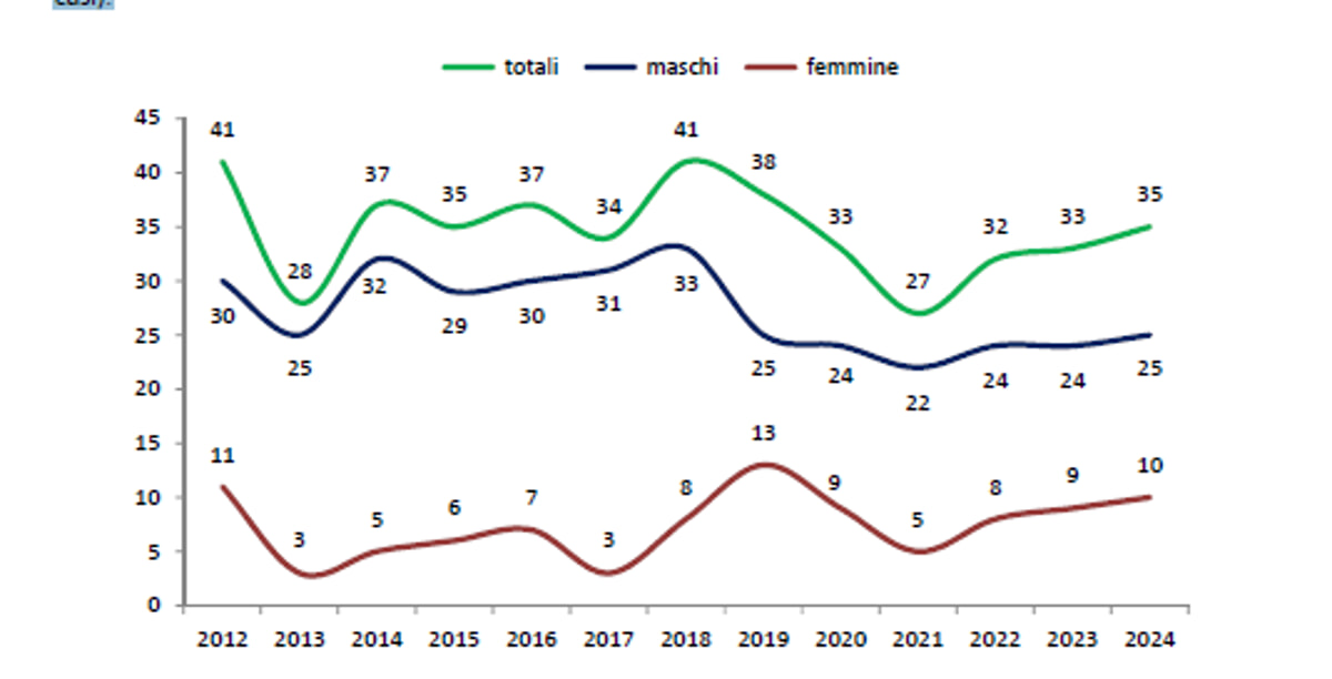 L'andamento del numero di suicidi a Parma dal 2012 al 2024 L'andamento del numero di suicidi a Parma dal 2012 al 2024