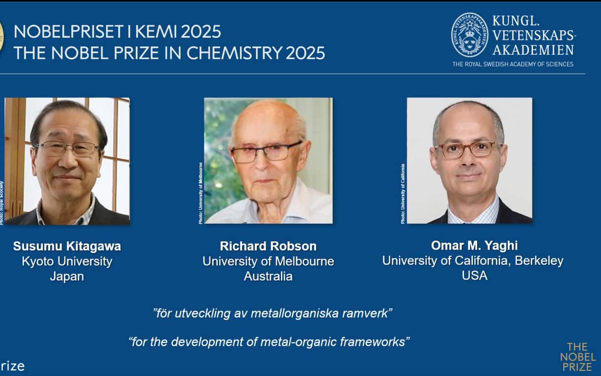 Kitagawa, Robson e Yaghi: chi sono i vincitori del Nobel per la Chimica 2025