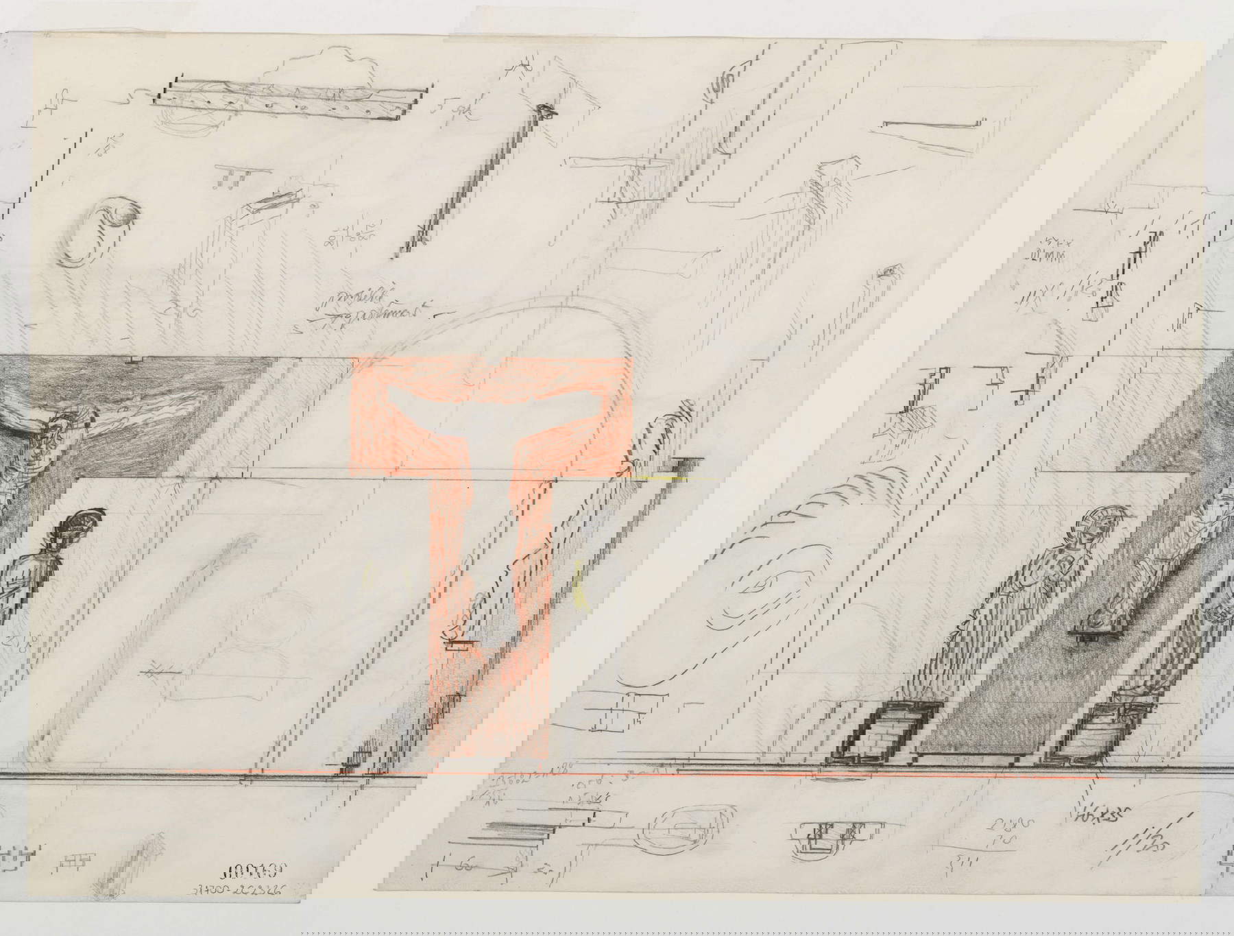 Carlo Scarpa, Allestimento ala della Galleria, Prospetto frontale e laterale e studi per i supporti espositivi del gruppo della Crocifissione nella sala 4 della Galleria delle Sculture (1962-1964; grafite, pastello giallo e rosso su cartoncino, 316 x 432 mm; Verona, Museo di Castelvecchio, Archivio Carlo Scarpa, inv. 31700 recto) © Comune di Verona - Archivio Carlo Scarpa, Musei Civici di Verona