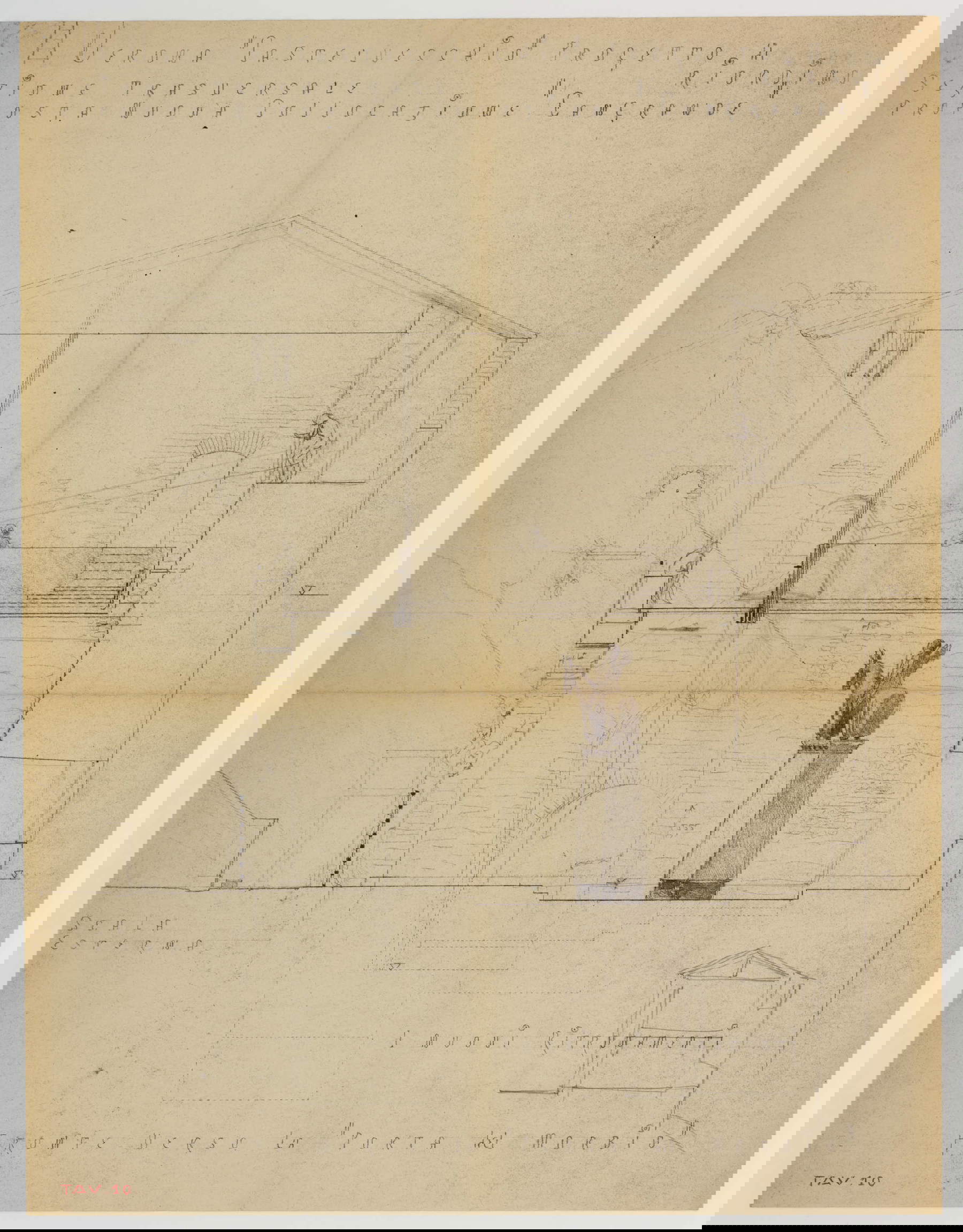 Carlo Scarpa, Statua di Cangrande, Sezione trasversale dell’area di esposizione della statua di Cangrande, lato muro comunale, con la porta del Morbio (1961-1964; grafite su copia eliografica, 535 x 410 mm; Verona, Museo di Castelvecchio, Archivio Carlo Scarpa, inv. 32026 recto) © Comune di Verona - Archivio Carlo Scarpa, Musei Civici di Verona