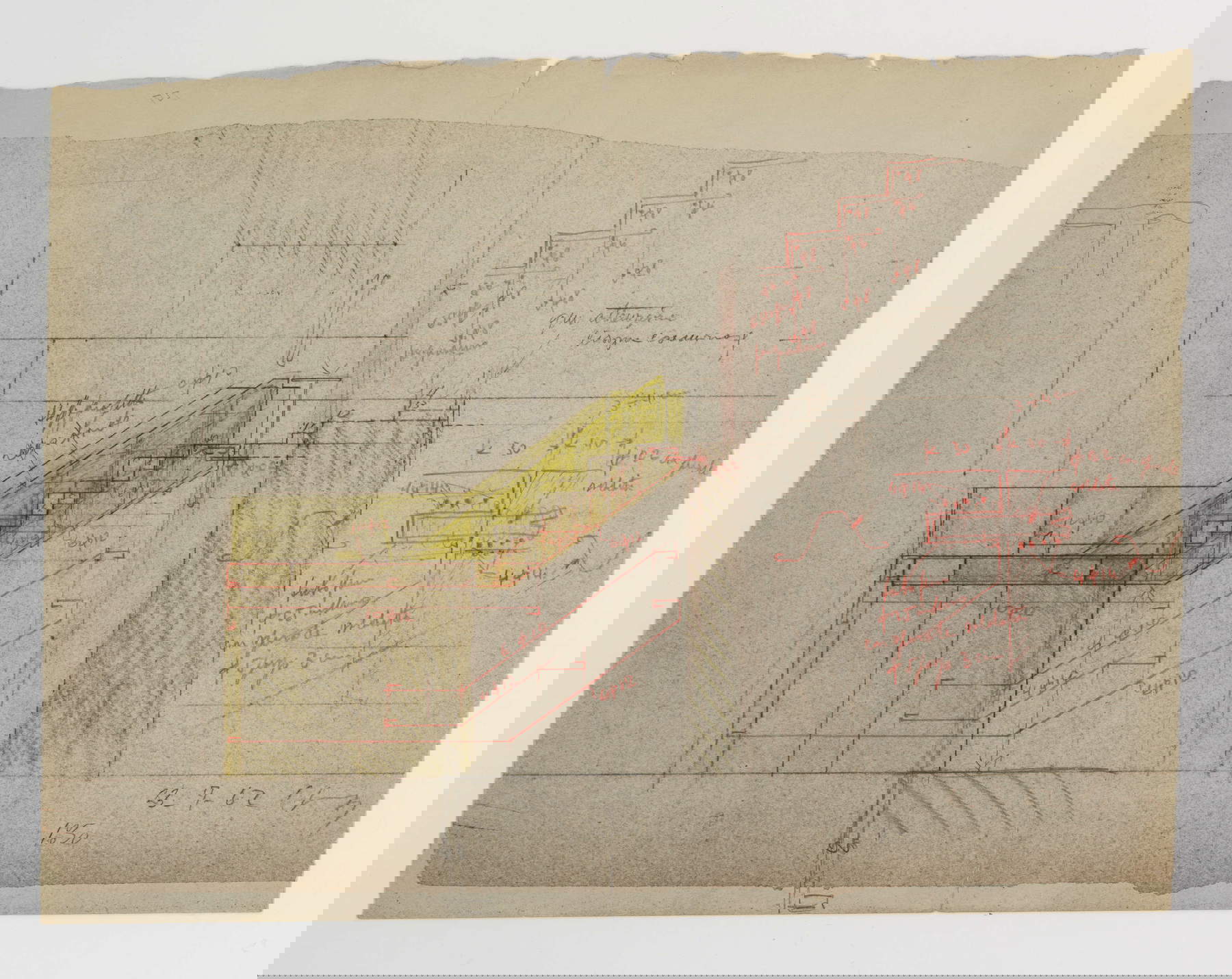 Carlo Scarpa, Statua di Cangrande, Sezione della scala che conduce al poggiolo a sbalzo nell’area di esposizione della statua di Cangrande (23 luglio 1962; grafite, pastello giallo, rosso e ocra su copia eliografica, 270 x 360 mm; Verona, Museo di Castelvecchio, Archivio Carlo Scarpa, inv. 31516 recto) © Comune di Verona - Archivio Carlo Scarpa, Musei Civici di Verona