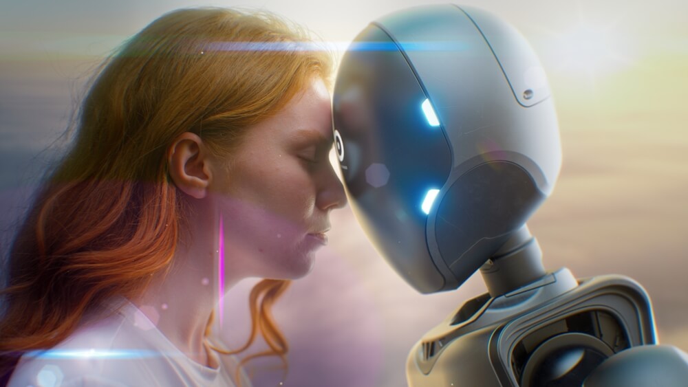 Futuristic,Human-machine,Concept:,Visualization,Of,Young,Woman,Gently,Touching,Foreheads Robot e donna si scambiano tenerezze