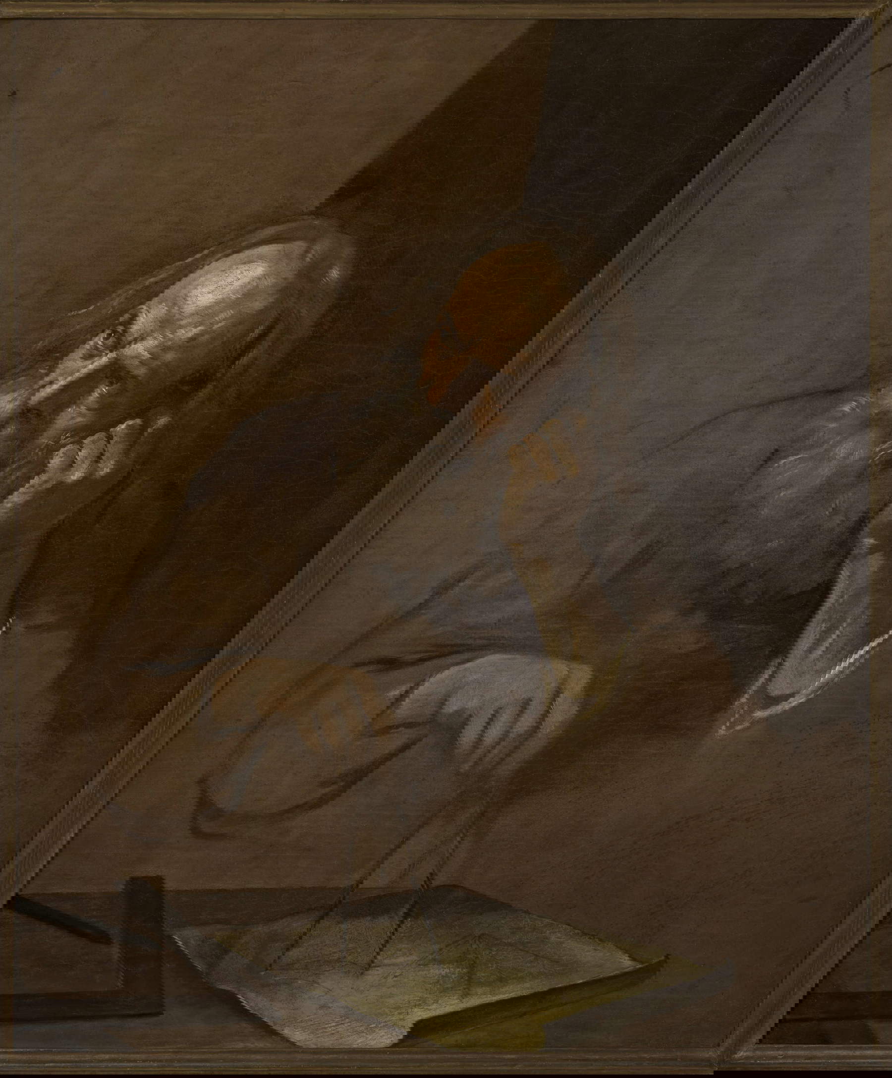 Simone Cantarini, Filosofo con compasso (Euclide?) (1645-1648 circa; olio su tela, 104 × 86,3 cm; Minerbio, Castello di San Martino in Soverzano, Collezione Michelangelo Poletti)