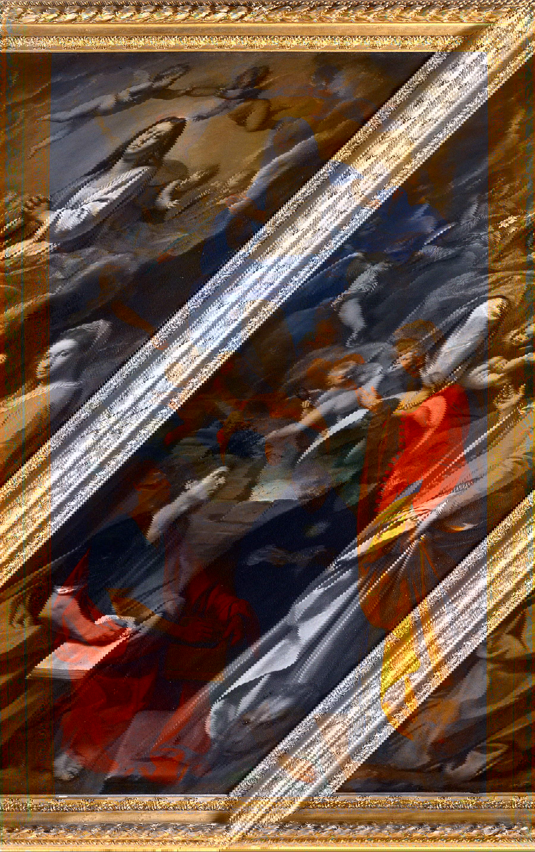 Simone Cantarini, Immacolata Concezione coi santi Giovanni evangelista, Nicola da Tolentino ed Eufemia (1632-1635 circa; olio su tela, 244 × 140 cm; Bologna, Pinacoteca Nazionale, inv. 435)