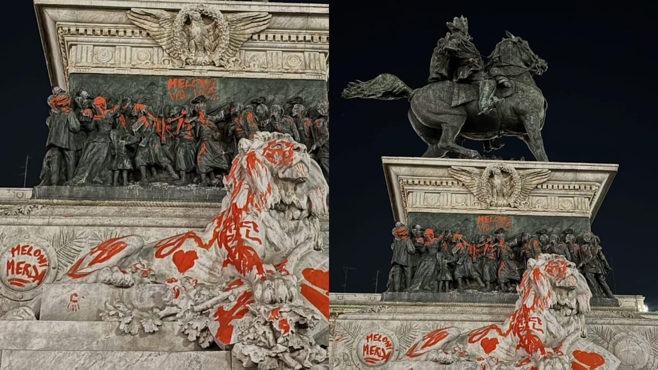 Imbrattata la statua di Vittorio Emanuele in Duomo al termine della manifestazione per Gaza