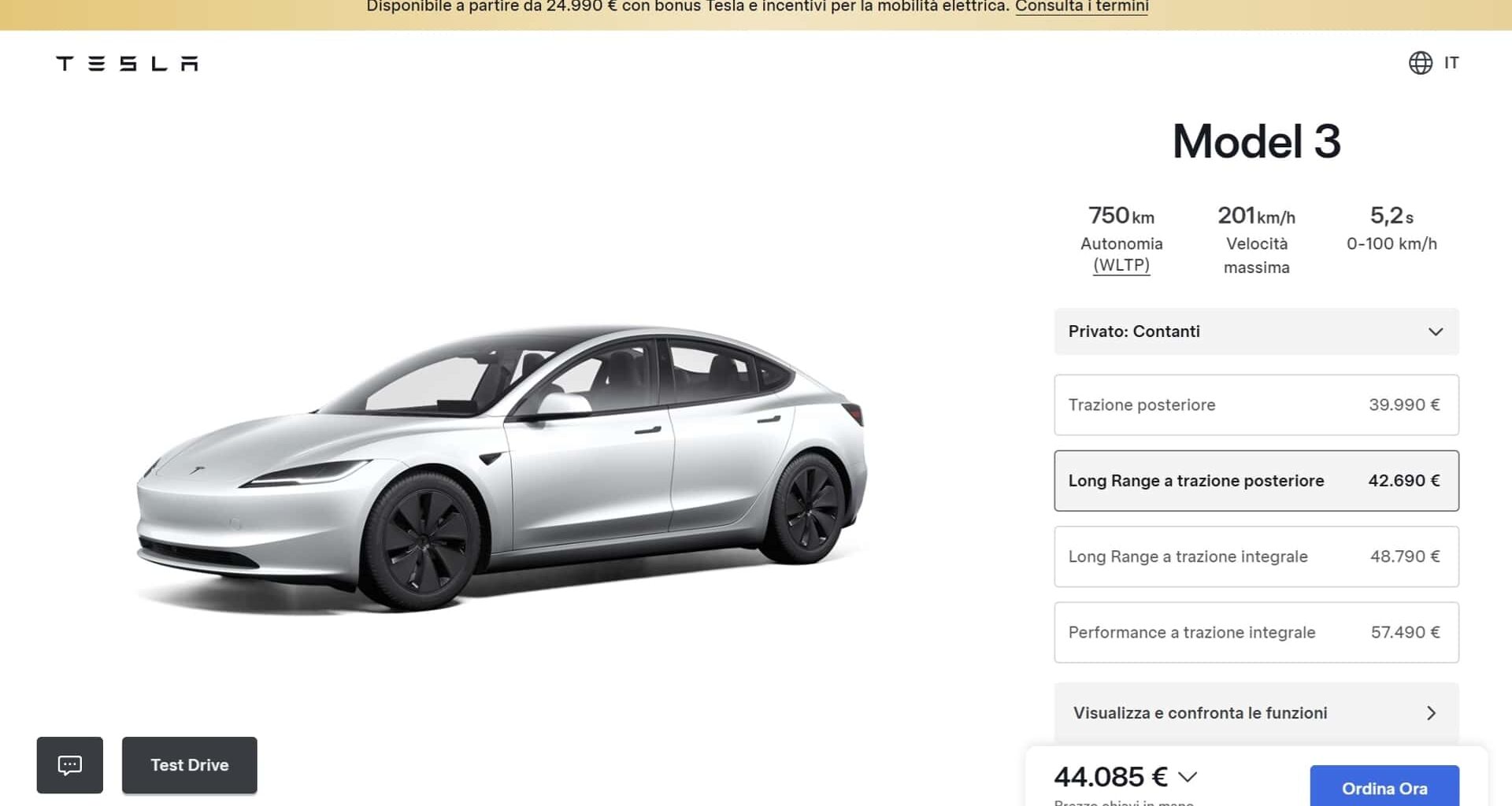 Tesla taglia il prezzo della Model 3 Long Range, che accede agli incentivi
