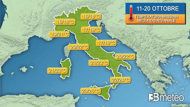 Valori massimi secondo la media trentennale per la 2° decade di ottobre