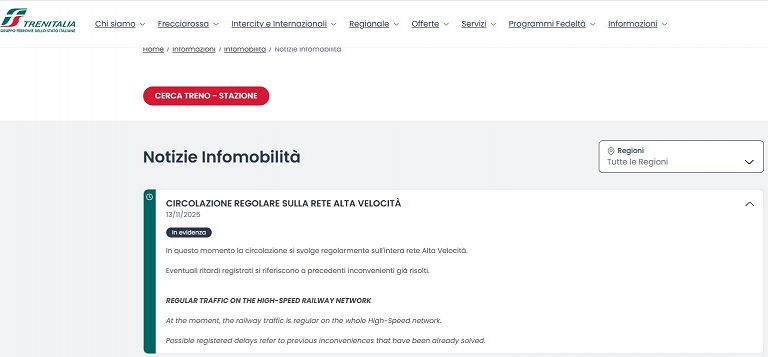Notizie sulla circolazione a Roma Termini, 13 novembre 2025