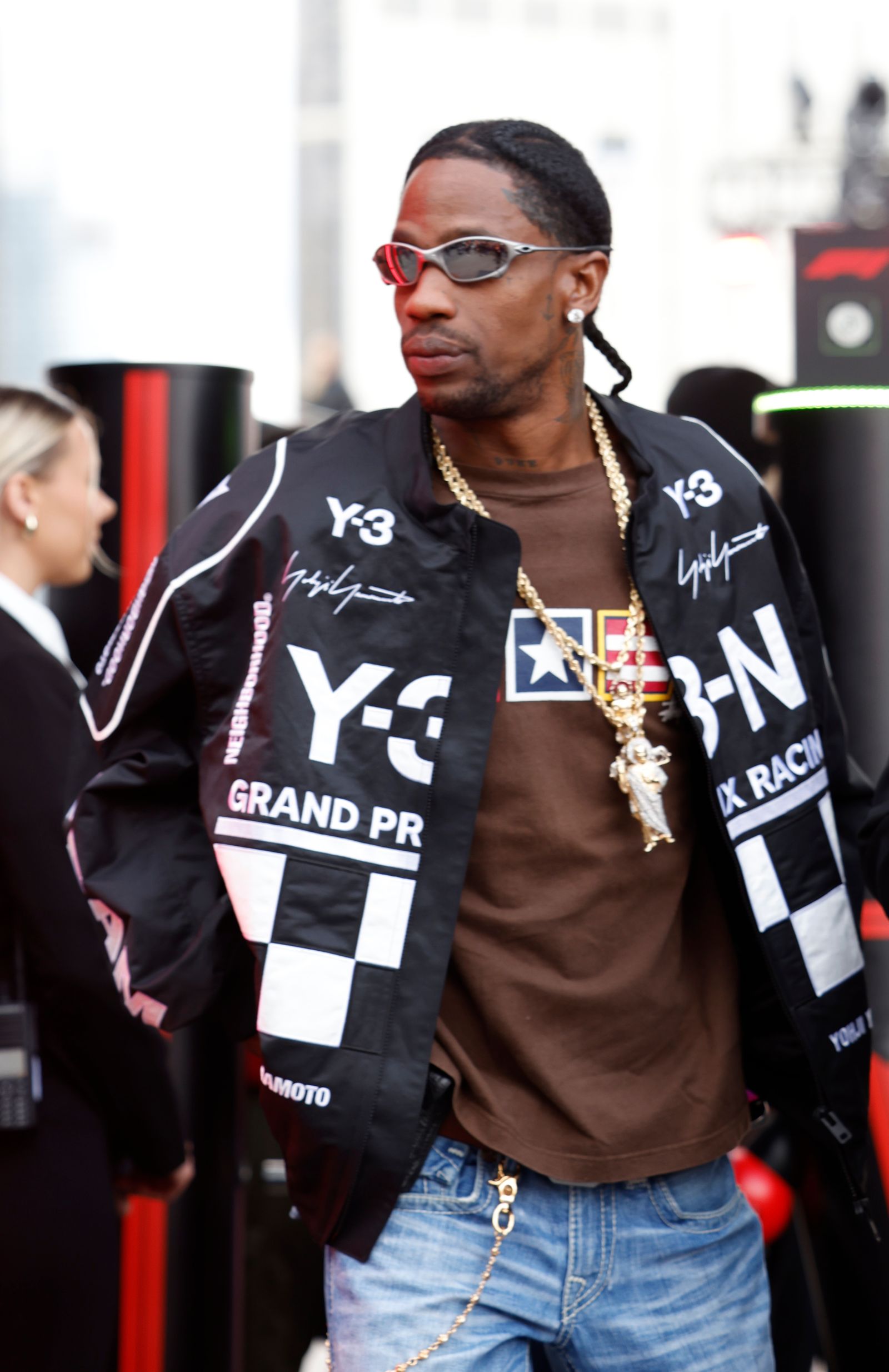 Travis Scott arrives at the paddock ahead of the Formula 1 Heineken Las Vegas Grand Prix in Las Vegas Nevada on November...