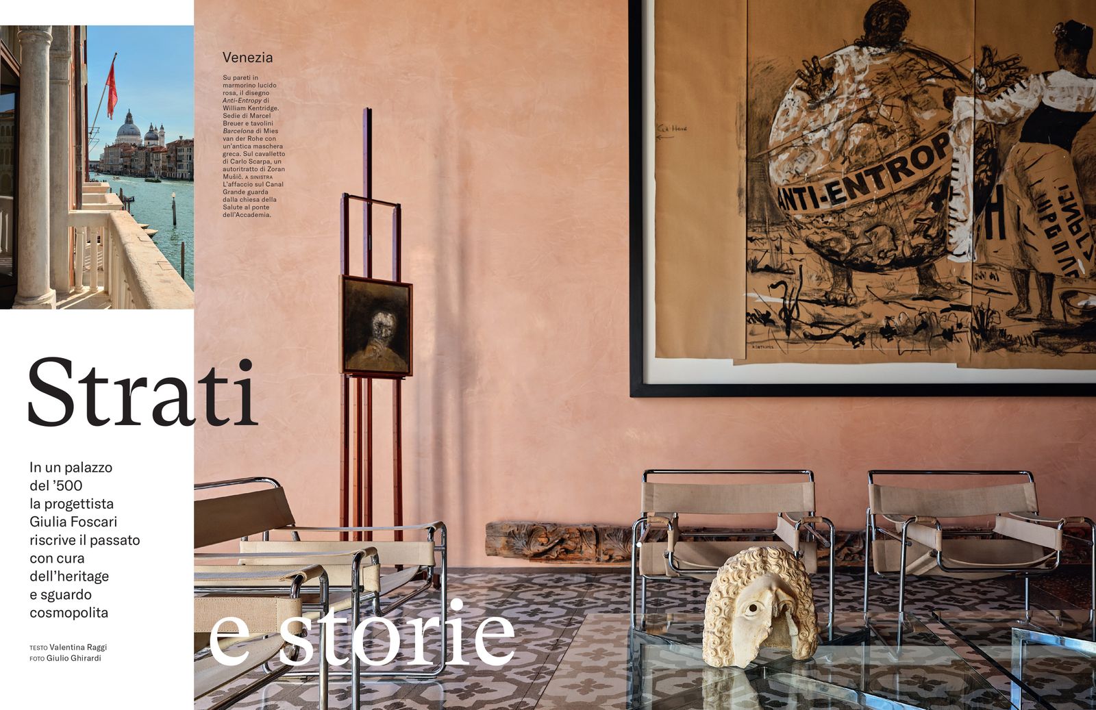 Su pareti in marmorino lucido rosa il disegno AntiEntropy di William Kentridge. Sedie di Marcel Breuer e tavolini...